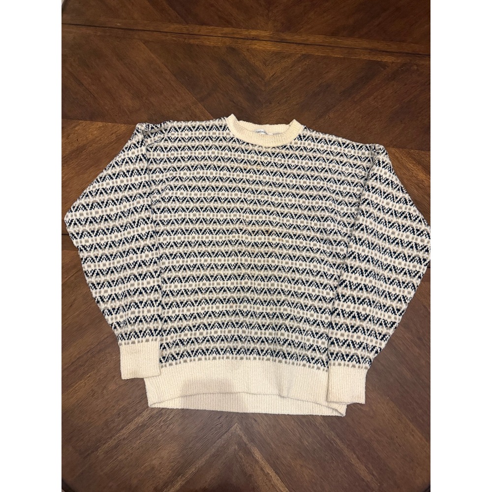 Vintage Claiborne Mens XL Geometric Knit Sweater Cream Navy Cotton Blend USA